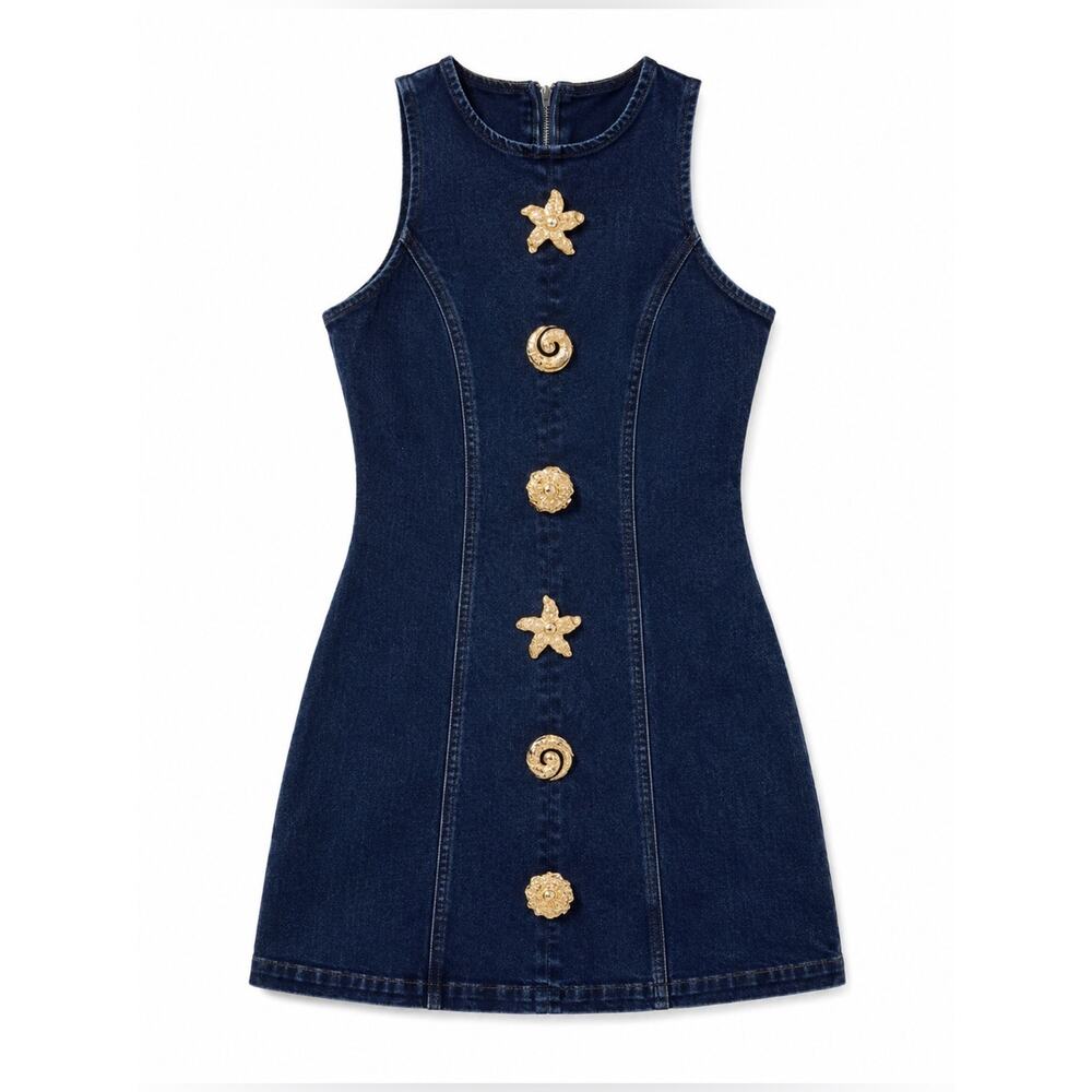 SHEIN Denim Seashell Button Mini Dress Coastal Cowgirl Beachy Size M - Picture 3 of 3